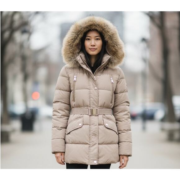 MICHAEL KORS Down Hooded Belted Puffer Coat Size M Water Resistant Zip Closure - Picture 2 of 15